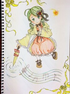 Rating: Safe Score: 0 Tags: 1girl ahoge dress drill_hair flower full_body green_eyes green_hair hair_ornament image kanaria long_sleeves short_hair smile solo traditional_media User: admin