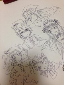 Rating: Safe Score: 0 Tags: auto_tagged blush bow dress hair_ornament hairband hat image long_hair looking_at_viewer monochrome multiple multiple_girls short_hair sketch smile suigintou tagme traditional_media User: admin