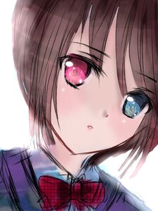 Rating: Safe Score: 0 Tags: 1girl bangs blue_eyes blush bow bowtie brown_hair collared_shirt diagonal_stripes eyebrows_visible_through_hair hariruri image looking_at_viewer red_bow red_neckwear school_uniform short_hair simple_background solo souseiseki striped striped_bow white_background white_shirt User: admin