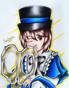 Rating: Safe Score: 0 Tags: 1girl artist_name bangs blue_headwear brown_hair dated frills hat image instrument long_sleeves looking_at_viewer nishizumi_maho one_eye_closed red_eyes short_hair signature solo souseiseki traditional_media upper_body User: admin