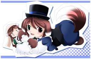 Rating: Safe Score: 0 Tags: 1girl animal_ears brown_hair checkered chibi food hat heterochromia image pair pantyhose red_eyes siblings souseiseki suiseiseki tail top_hat twins User: admin