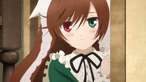 Rating: Safe Score: 0 Tags: 1girl black_ribbon blush brown_hair dress frills green_eyes heterochromia image long_hair long_sleeves looking_at_viewer neck_ribbon peeking_out red_eyes ribbon solo suiseiseki User: admin