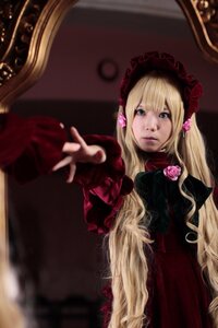 Rating: Safe Score: 0 Tags: 1girl blonde_hair blue_eyes blurry depth_of_field dress flower lips long_hair long_sleeves looking_at_viewer outstretched_arm outstretched_hand red_dress rose shinku solo User: admin