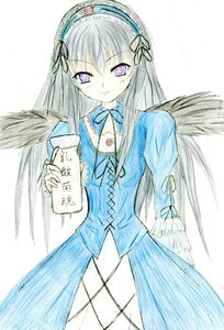 Rating: Safe Score: 0 Tags: 1girl angel_wings black_wings dress feathered_wings hairband image lolita_hairband long_hair long_sleeves looking_at_viewer purple_eyes ribbon simple_background smile solo suigintou traditional_media white_background white_wings wings User: admin