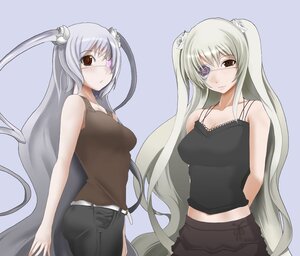 Rating: Safe Score: 0 Tags: 2girls barasuishou bare_shoulders blush camisole eyepatch image kirakishou long_hair midriff multiple_girls pair red_eyes silver_hair twintails User: admin