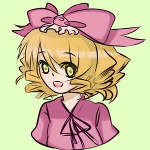 Rating: Safe Score: 0 Tags: 1girl :d blonde_hair bow eyebrows_visible_through_hair green_background green_eyes hinaichigo image looking_at_viewer open_mouth pink_shirt ribbon short_hair simple_background smile solo upper_body User: admin