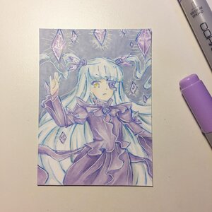 Rating: Safe Score: 0 Tags: 1girl bangs barasuishou blunt_bangs dress graphite_(medium) hair_ornament image long_hair long_sleeves photo ribbon shikishi solo traditional_media yellow_eyes User: admin