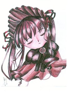 Rating: Safe Score: 0 Tags: 1girl blush closed_eyes dress drill_hair image lolita_fashion long_hair monochrome rose shinku simple_background solo striped traditional_media twintails upper_body vertical_stripes white_background User: admin