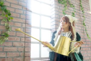 Rating: Safe Score: 0 Tags: 1girl apron braid brick_wall brown_hair dress green_eyes long_hair long_sleeves maid plant potted_plant railing solo suiseiseki tiles wall watering_can window User: admin