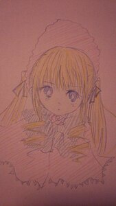Rating: Safe Score: 0 Tags: 1girl bangs blonde_hair blue_eyes bonnet closed_mouth dress eyebrows_visible_through_hair image long_hair looking_at_viewer shinku solo traditional_media User: admin