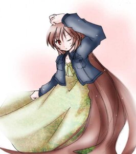Rating: Safe Score: 0 Tags: 1girl brown_hair dress image jacket long_skirt long_sleeves looking_at_viewer one_eye_closed open_clothes open_jacket solo standing suiseiseki very_long_hair User: admin