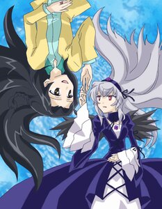 Rating: Safe Score: 0 Tags: 2girls black_hair dress hairband image kakizaki_megu long_hair multiple_girls red_eyes silver_hair solo suigintou upside-down wings User: admin