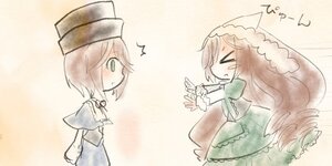 Rating: Safe Score: 0 Tags: 2girls apron auto_tagged blush brown_hair chibi closed_eyes dress green_dress hat image long_hair long_sleeves multiple_girls pair short_hair souseiseki suiseiseki User: admin