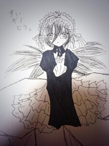 Rating: Safe Score: 0 Tags: 1girl dress frills hair_ribbon hairband image layered_dress lolita_fashion long_hair long_sleeves looking_at_viewer monochrome ribbon sketch solo suigintou wings User: admin