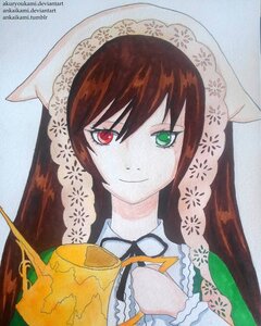 Rating: Safe Score: 0 Tags: 1girl artist_name brown_hair closed_mouth food green_eyes head_scarf heterochromia image long_hair red_eyes smile solo suiseiseki watermark User: admin