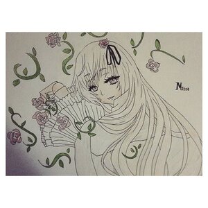 Rating: Safe Score: 0 Tags: 1girl border flower image leaf long_hair monochrome plant red_rose ribbon rose solo suigintou thorns traditional_media vines User: admin