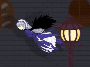 Rating: Safe Score: 0 Tags: 1girl black_wings bookshelf dress frills hairband image long_hair long_sleeves looking_at_viewer looking_back red_eyes silver_hair solo standing suigintou wings User: admin