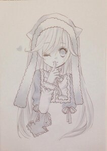 Rating: Safe Score: 0 Tags: 1girl bangs dress eyebrows_visible_through_hair finger_to_mouth image index_finger_raised long_hair long_sleeves looking_at_viewer monochrome one_eye_closed photo ribbon shushing simple_background smile solo suiseiseki traditional_media very_long_hair User: admin