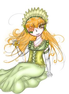 Rating: Safe Score: 0 Tags: 1girl bare_shoulders blonde_hair dress elbow_gloves flower gloves green_dress image joints kirakishou long_hair looking_at_viewer orange_hair solo User: admin