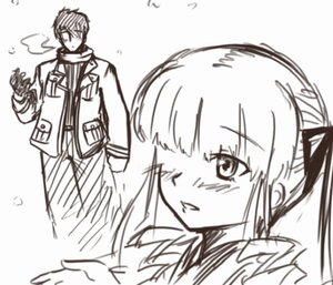 Rating: Safe Score: 0 Tags: 1boy 1girl blush coat image long_hair monochrome one_eye_closed scarf shinku sketch solo winter_clothes User: admin