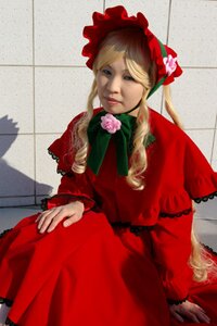 Rating: Safe Score: 0 Tags: 1girl blonde_hair blue_eyes bonnet bow bowtie dress flower long_hair long_sleeves photo red_dress rose shinku sitting solo tile_floor tiles wall User: admin