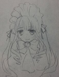 Rating: Safe Score: 0 Tags: 1girl bow bowtie closed_mouth dress eyebrows_visible_through_hair greyscale image long_hair looking_at_viewer maid_headdress monochrome photo shinku simple_background smile solo traditional_media User: admin