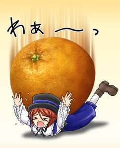 Rating: Safe Score: 0 Tags: 1girl >_< blush brown_hair closed_eyes dress food hat image long_sleeves mandarin_orange open_mouth pumpkin short_hair solo souseiseki what white_legwear User: admin