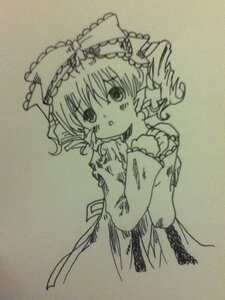 Rating: Safe Score: 0 Tags: 1girl auto_tagged blush dress drill_hair eyebrows_visible_through_hair frills greyscale hat hinaichigo image long_sleeves looking_at_viewer monochrome photo simple_background solo traditional_media wide_sleeves User: admin