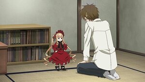 Rating: Safe Score: 0 Tags: 1boy 1girl blonde_hair bonnet brown_hair dress image long_hair long_sleeves on_floor pants red_dress shinku sitting solo tatami twintails User: admin