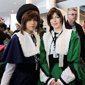 Rating: Safe Score: 0 Tags: brown_hair dress hat long_sleeves looking_at_viewer multiple_boys multiple_cosplay multiple_girls photo realistic tagme User: admin