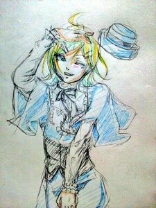 Rating: Safe Score: 0 Tags: 1girl blonde_hair blue_eyes capelet frills hair_ornament hairclip image kagamine_rin ribbon short_hair sketch smile solo souseiseki traditional_media watercolor_(medium) User: admin