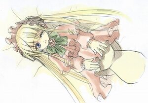 Rating: Safe Score: 0 Tags: 1girl blonde_hair blue_eyes bow bowtie cowboy_shot dress green_neckwear image long_hair long_sleeves looking_at_viewer red_dress shinku simple_background solo very_long_hair User: admin