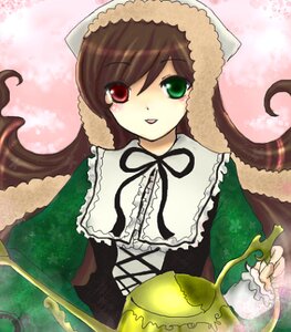 Rating: Safe Score: 0 Tags: 1girl brown_hair dress frills green_dress green_eyes heterochromia image long_hair long_sleeves looking_at_viewer red_eyes smile solo suiseiseki very_long_hair User: admin