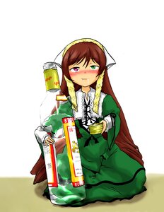 Rating: Safe Score: 0 Tags: 1girl alcohol blush bottle brown_hair dress green_dress green_eyes heterochromia image long_hair solo suiseiseki User: admin