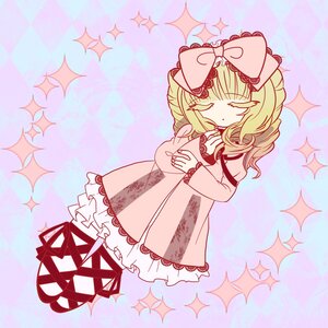 Rating: Safe Score: 0 Tags: 1girl argyle blonde_hair blue_background bow checkered closed_eyes diffraction_spikes dress glint hair_bow hina_ichigo hinaichigo image pink_dress rain solo sparkle sparkle_background User: admin