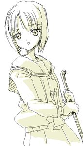 Rating: Safe Score: 0 Tags: 1girl bangs eyebrows_visible_through_hair holding human image kashiwaba_tomoe long_sleeves looking_at_viewer monochrome nishizumi_miho parted_lips pleated_skirt school_uniform serafuku short_hair sketch skirt solo standing white_background User: admin