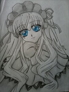 Rating: Safe Score: 0 Tags: 1girl blue_eyes dress frills image long_hair long_sleeves looking_at_viewer marker_(medium) monochrome shinku simple_background smile solo spot_color traditional_media upper_body very_long_hair User: admin