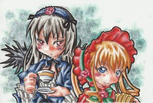 Rating: Safe Score: 0 Tags: 2girls blonde_hair blue_eyes blush cup dress drill_hair flower frills hairband image long_hair long_sleeves multiple_girls pair shinku silver_hair suigintou teacup traditional_media wings User: admin
