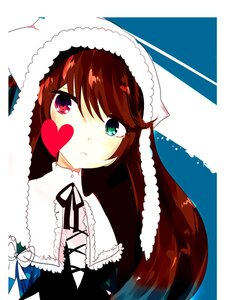 Rating: Safe Score: 0 Tags: 1girl bangs brown_hair dress green_eyes heart heterochromia image long_hair looking_at_viewer red_eyes ribbon solo suiseiseki User: admin