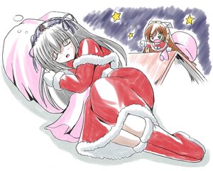 Rating: Safe Score: 0 Tags: 2girls blush boots brown_hair christmas closed_eyes dreaming green_eyes hairband hat heterochromia image imai_kazunari lolita_hairband long_hair long_sleeves lying multiple_girls on_roof pair pantyhose red_eyes rooftop rozen_maiden sack santa_boots santa_costume silver_hair sleeping star_(symbol) suigintou suiseiseki wings User: admin