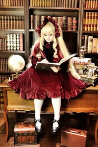 Rating: Safe Score: 0 Tags: 1girl blonde_hair bonnet book bookshelf closed_eyes dress flower library long_hair mary_janes red_dress rose shinku shoes sitting sleeping solo white_legwear User: admin
