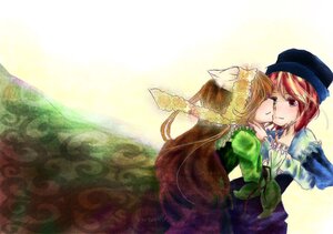 Rating: Safe Score: 0 Tags: 2girls animal_ears brown_hair closed_eyes dress hat image kiss long_hair multiple_girls pair short_hair smile souseiseki suiseiseki User: admin