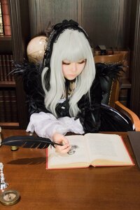 Rating: Safe Score: 0 Tags: 1girl bangs book bookshelf closed_eyes dress feathers gothic_lolita lace lolita_fashion long_hair sitting solo suigintou white_hair User: admin