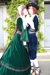 Rating: Safe Score: 0 Tags: 2girls blue_dress brown_hair dress garden hat head_scarf long_hair long_sleeves multiple_cosplay multiple_girls outdoors souseiseki suiseiseki tagme white_legwear User: admin