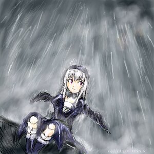 Rating: Safe Score: 0 Tags: 1girl boots cloud cloudy_sky dress image long_sleeves looking_at_viewer rain red_eyes silver_hair solo suigintou wings User: admin