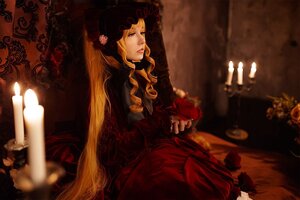 Rating: Safe Score: 0 Tags: 1girl blonde_hair candle dress flower hat long_hair long_sleeves red_dress rose shinku sitting solo User: admin
