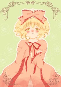 Rating: Safe Score: 0 Tags: 1girl blonde_hair blush bow dress floral_background flower green_eyes hair_bow hina_ichigo hinaichigo image rose short_hair solo tears white_rose yellow_rose User: admin