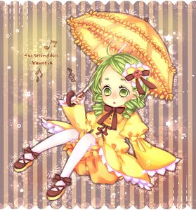 Rating: Safe Score: 0 Tags: 1girl blush bow dress drill_hair flower frills full_body green_eyes green_hair hair_ornament image kanaria long_sleeves pantyhose parasol ribbon sitting solo striped striped_background twin_drills umbrella vertical_stripes white_legwear User: admin