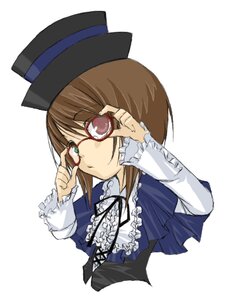 Rating: Safe Score: 0 Tags: 1girl adjusting_eyewear bangs brown_hair dress frills glasses green_eyes hat image long_sleeves looking_at_viewer short_hair simple_background solo souseiseki top_hat upper_body white_background User: admin