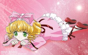Rating: Safe Score: 0 Tags: 1girl artist_name blonde_hair bow dress drill_hair eyebrows_visible_through_hair frills full_body green_eyes hair_bow hina_ichigo hinaichigo image long_sleeves looking_at_viewer lying on_stomach pink_background pink_bow pink_dress pink_footwear red_footwear ribbon shoes solo white_legwear User: admin